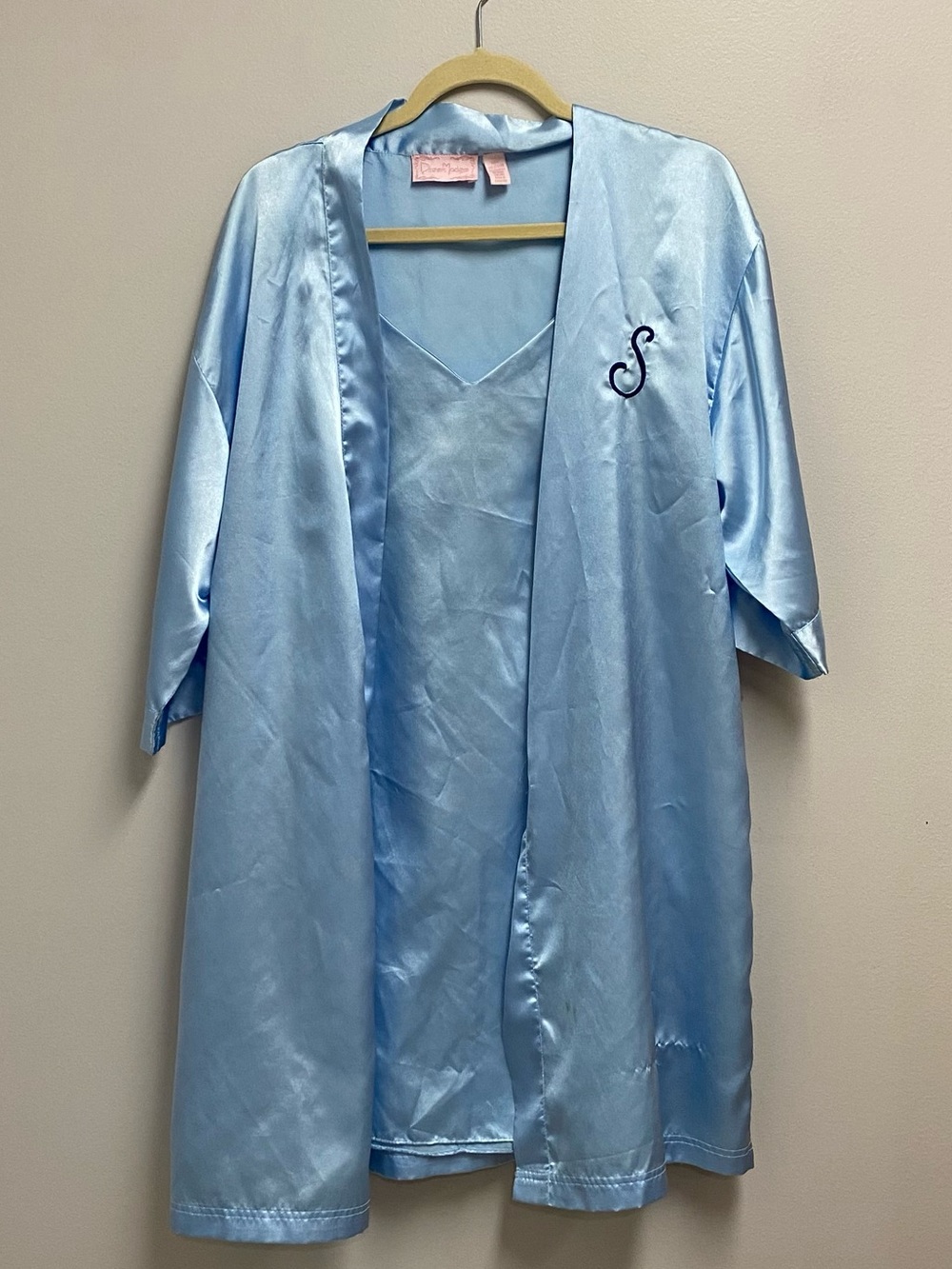 2pc robe and gown set blue satin with monogram S. Size Medium